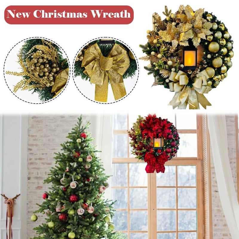 Pre-lit Christmas Wreath with Lights – 15.76" Pvc Door Crown With Red Florals, Led Flame-effect Lights & Bow, Battery-powered, Safe for Indoor/outdoor Use (Golden) - Image 4